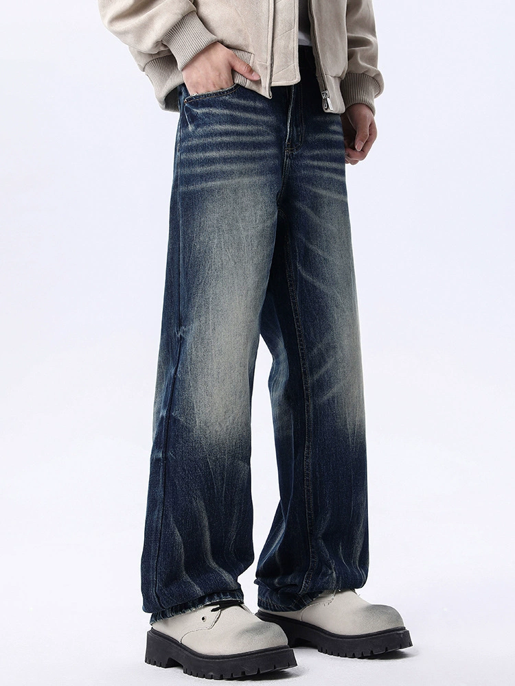 厂家直销男士高街水洗复古宽松牛仔裤，直筒显瘦设计，春秋日常穿搭，做旧工艺时尚长裤