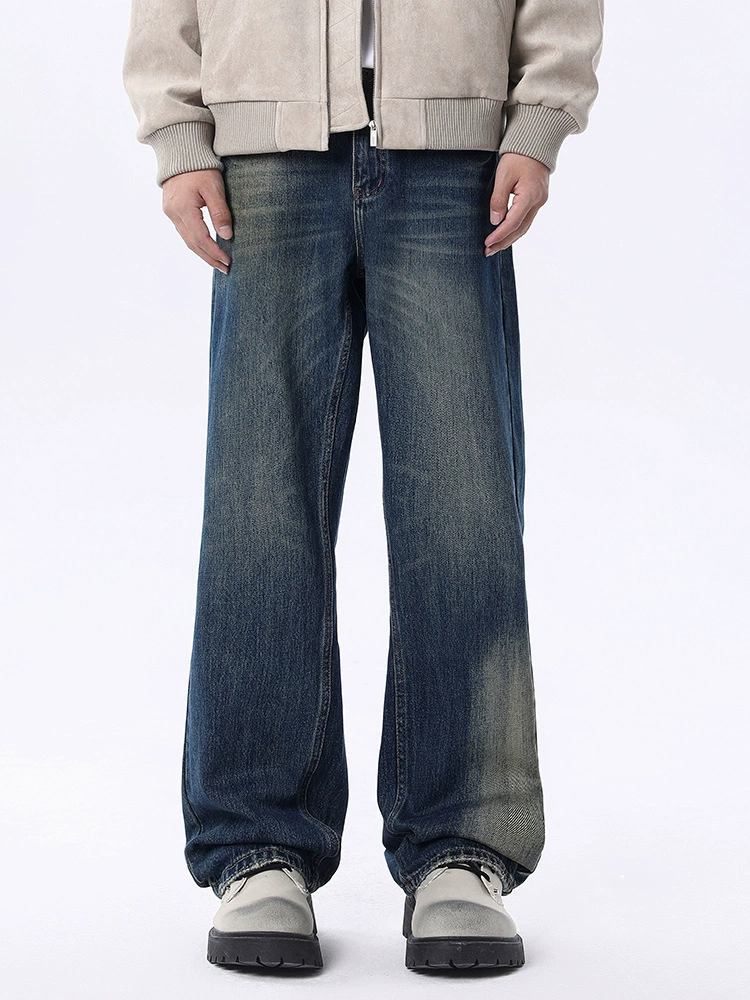 厂家直销男士高品质水洗复古牛仔裤宽松直筒长裤，春秋休闲，纽扣装饰设计
