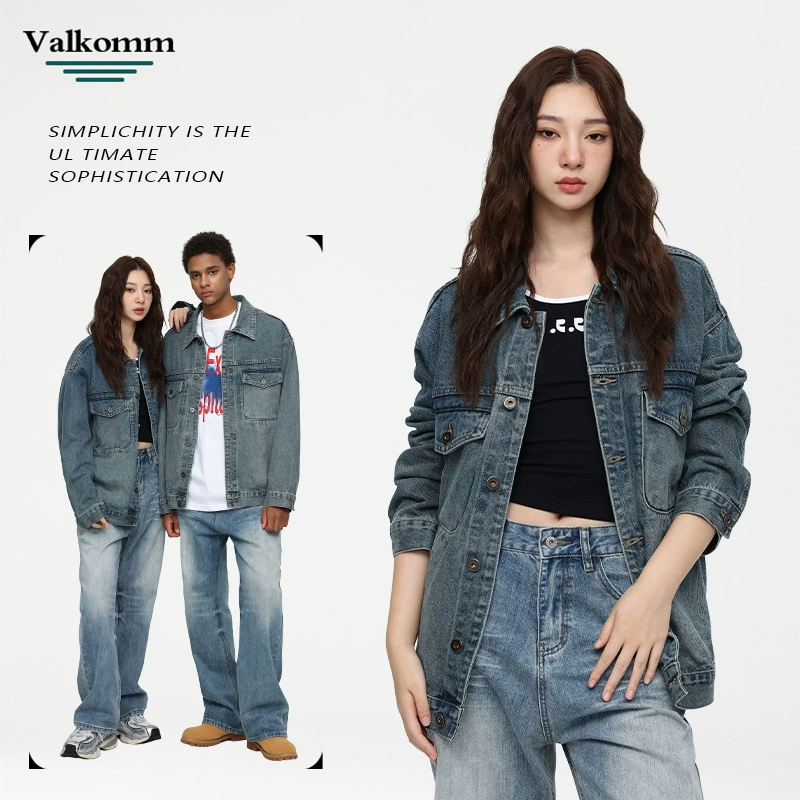 厂家直销男士宽松高档牛仔外套，透气耐磨休闲夹克，春秋适用，拼色设计，免烫处理