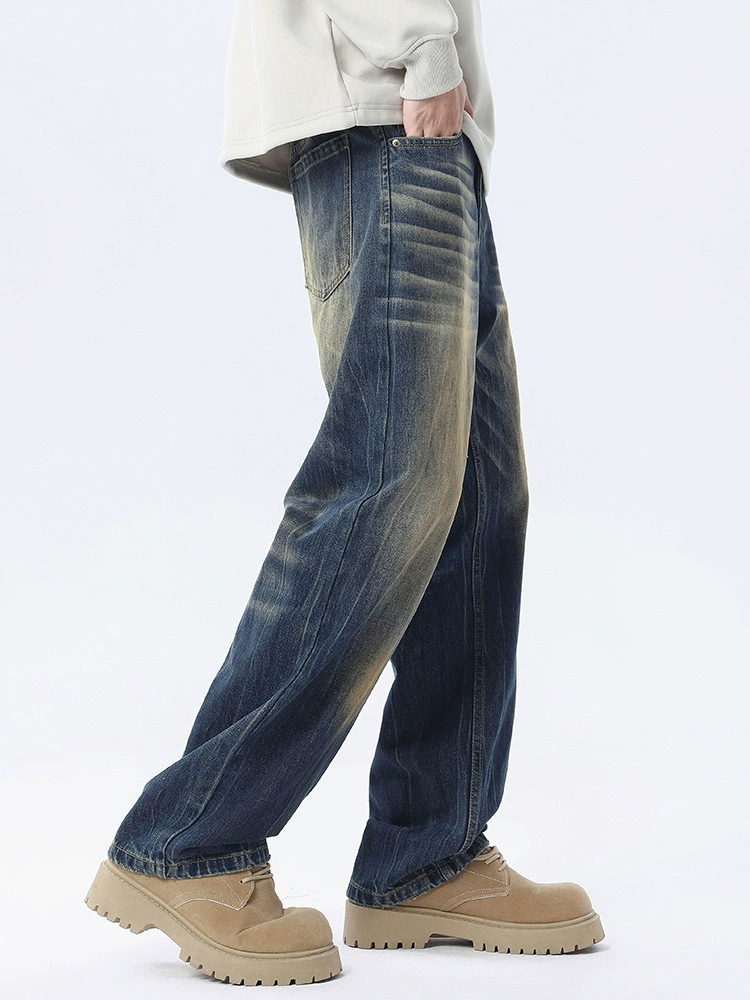 سراويل جينز فضفاضة مغسولة بتصميم مستقيم باللون الأزرق العتيق، مصنوعة من القطن المريح، مناسبة للاستخدام اليومي في فصل الربيع والخريف للشباب.