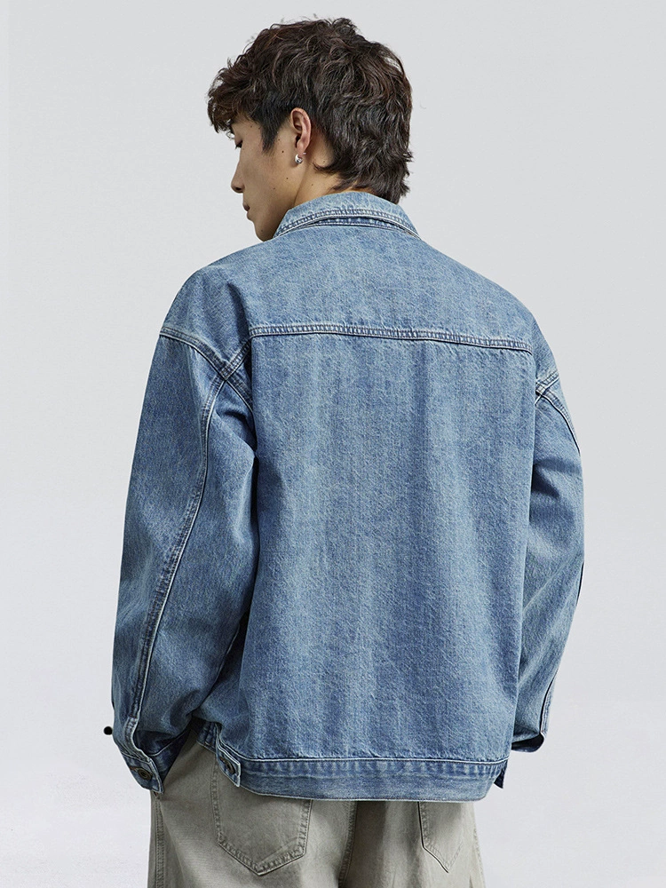 厂家直销男士宽松透气水洗牛仔外套，秋季休闲复古风格，免烫处理多口袋设计