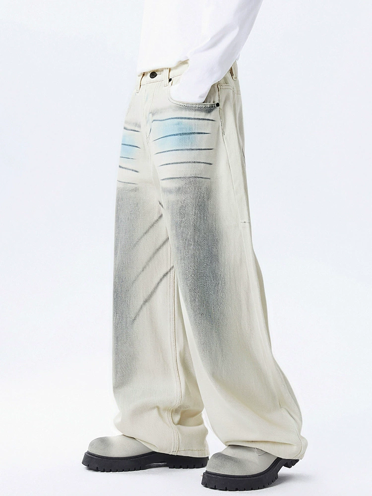 厂家直销男士宽松手绘涂鸦牛仔裤，水洗加厚阔腿裤，秋季休闲街潮风格，多口袋设计