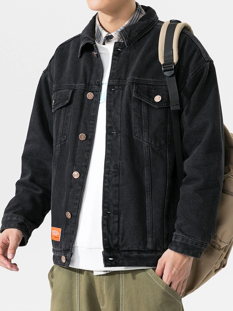 厂家直销男士加厚保暖黑色牛仔外套，宽松版型，冬季休闲，绒面水洗设计