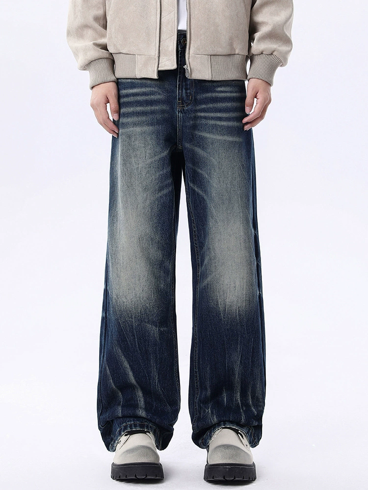 厂家直销男士高街水洗复古宽松牛仔裤，直筒显瘦设计，春秋日常穿搭，做旧工艺时尚长裤