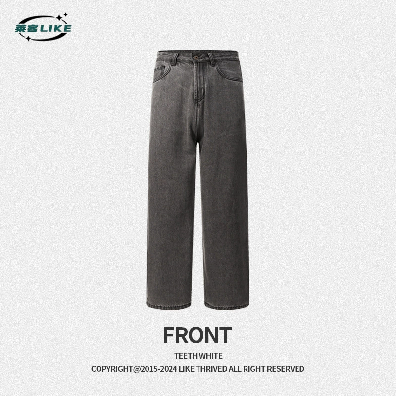 厂家直销男士宽松水洗牛仔裤，深灰色直筒长裤，休闲风格，适合四季日常穿着