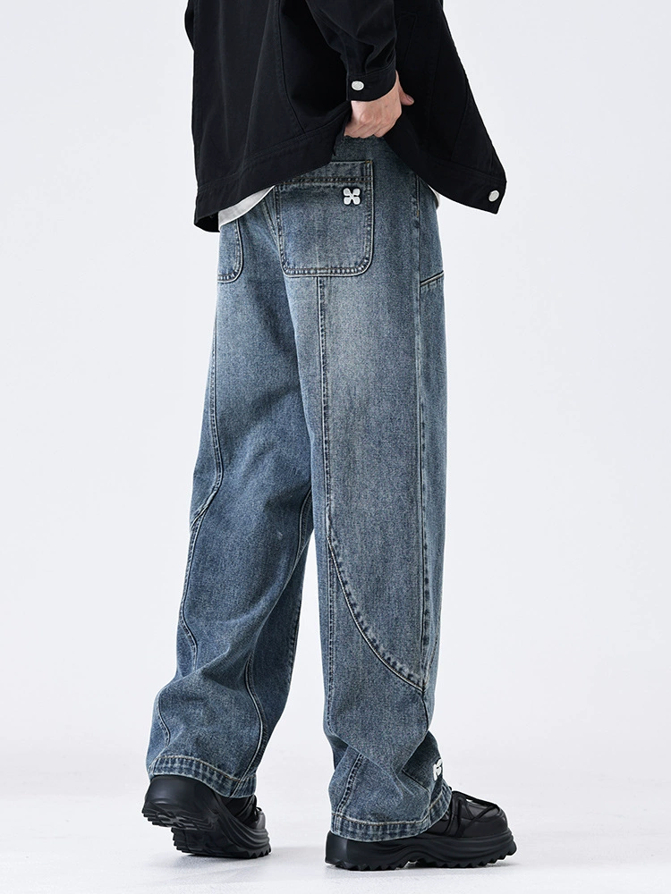 厂家直销男士复古蓝刺绣牛仔裤，修身直筒设计，春秋季休闲风格，耐磨水洗面料