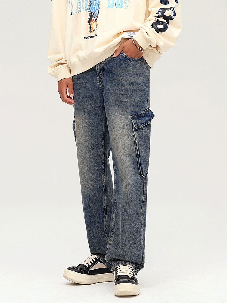 Men's Vintage Loose Fit Stone Washed Denim Jeans with Multi Pocket Design for Spring and Autumn Casual Style