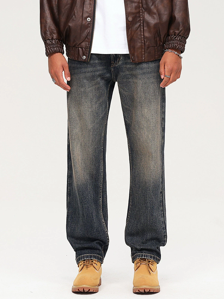 厂家直销男士宽松水洗做旧牛仔裤，复古风格直筒版型，秋季日常休闲穿搭必备