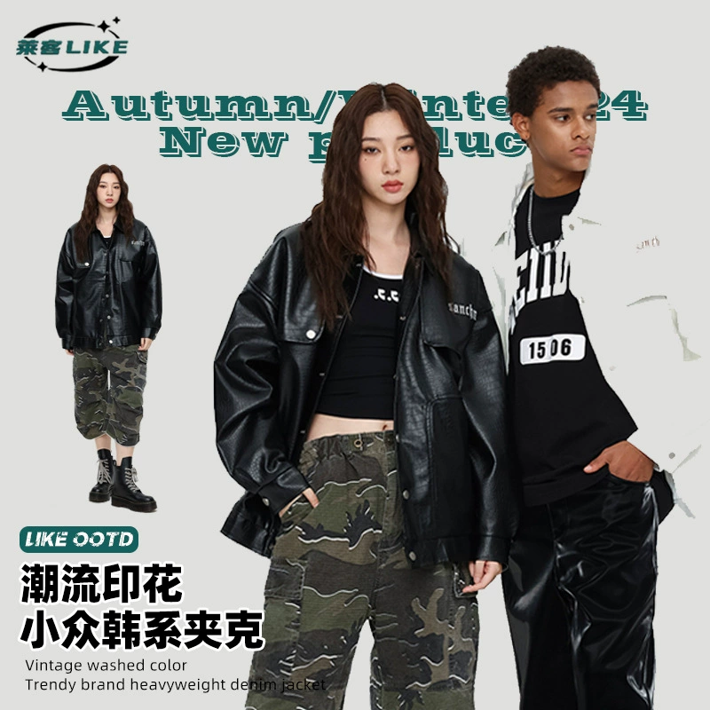 厂家直销男女通用宽松PU皮翻领夹克，时尚黑色休闲外套，春秋季日常穿搭，免烫处理，多口袋设计