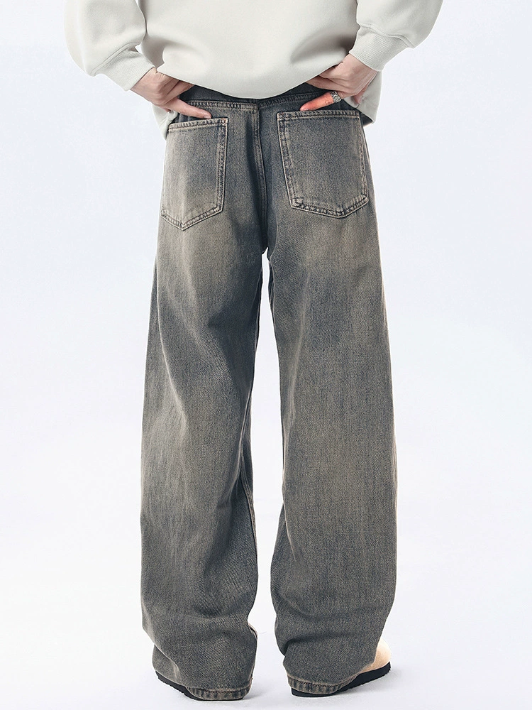 厂家直销男士复古水洗牛仔裤，宽松直筒设计，高街潮流风格，春秋季日常穿搭，做旧工艺时尚款式