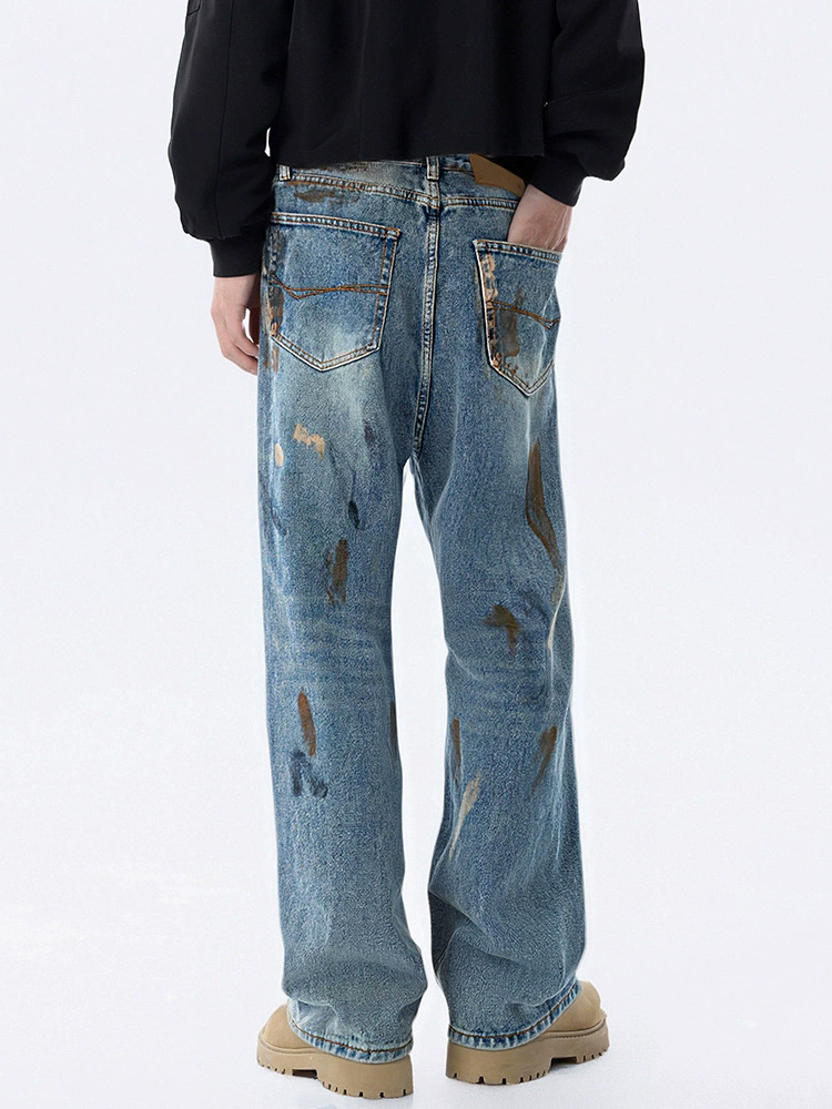 厂家直销男士宽松手绘渐变牛仔裤，春秋休闲风格，直筒型多口袋设计
