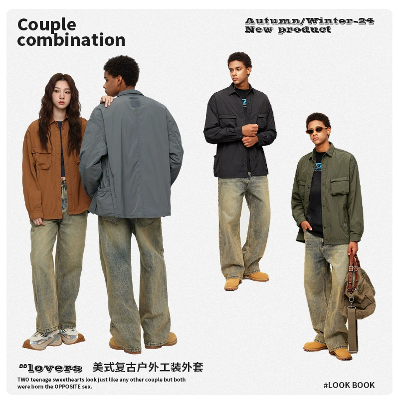 厂家直销男士宽松简约多口袋牛仔外套，休闲风格，免烫处理