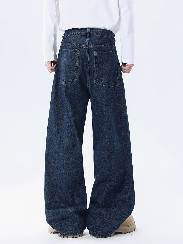 厂家直销男士复古水洗深蓝色显瘦宽松牛仔裤，直筒款式，适合秋季通勤，上班必备长裤