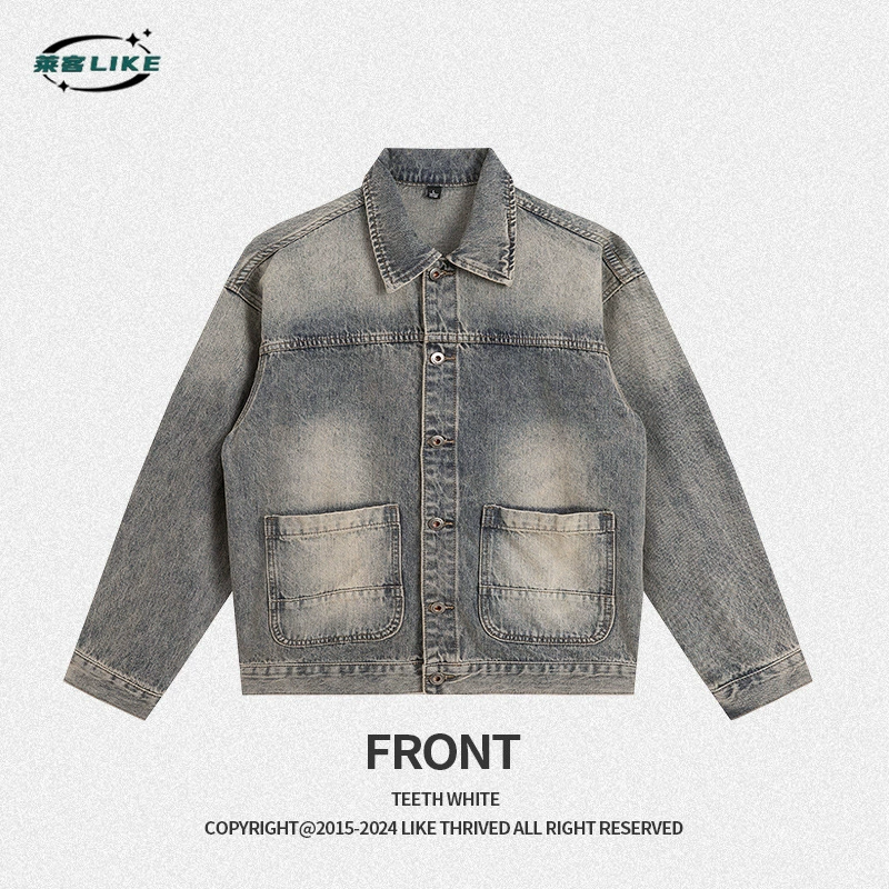 厂家直销青年宽松水洗做旧牛仔外套，春秋休闲风格，多口袋设计