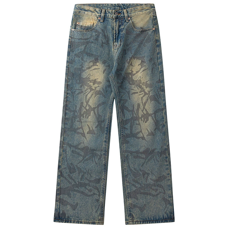 厂家直销男士复古涂鸦水洗牛仔裤，宽松直筒设计，春秋休闲款，多口袋实用风格