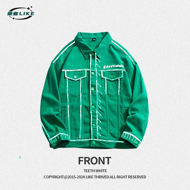 厂家直销男士宽松复古牛仔外套，机车风格，简约设计，春秋季可穿，免烫处理，多口袋装饰