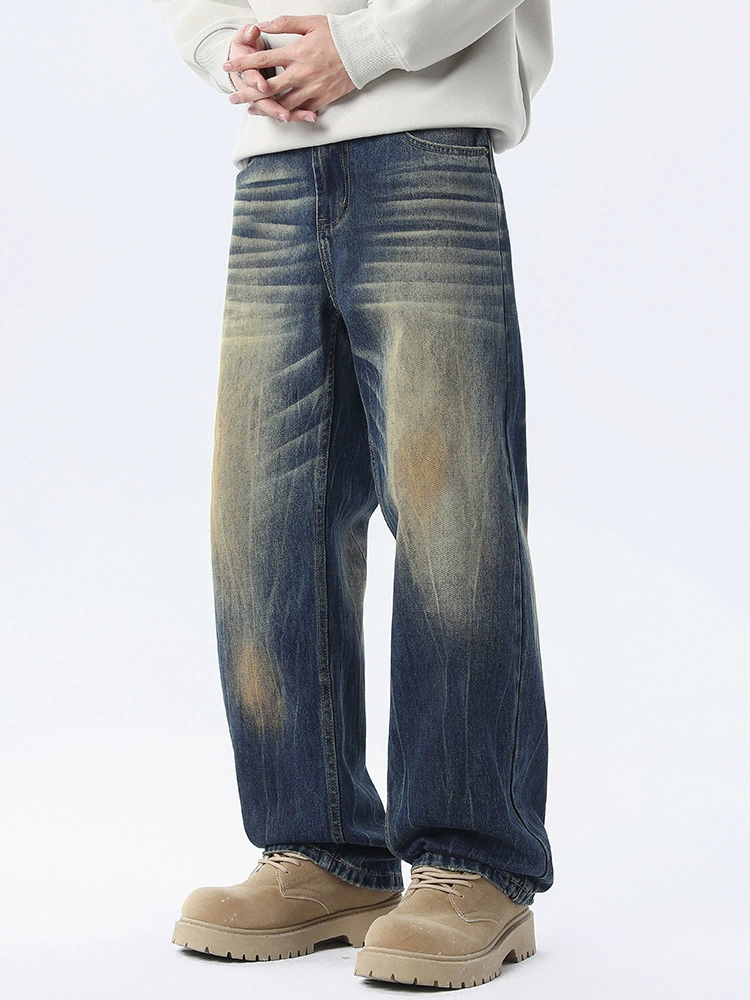 سراويل جينز فضفاضة مغسولة بتصميم مستقيم باللون الأزرق العتيق، مصنوعة من القطن المريح، مناسبة للاستخدام اليومي في فصل الربيع والخريف للشباب.