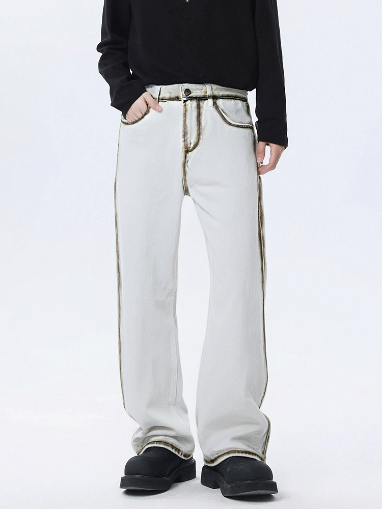 厂家直销男士宽松水洗喷绘牛仔裤，时尚直筒设计，春秋休闲风格，多口袋实用