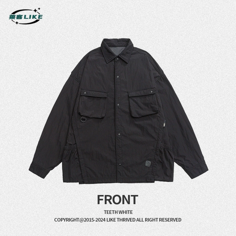 厂家直销男士宽松简约多口袋牛仔外套，休闲风格，免烫处理