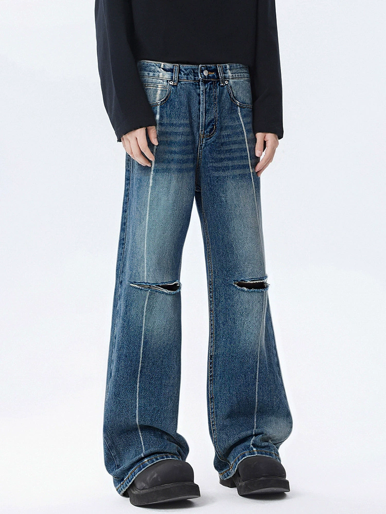 厂家直销青少年修身破洞水洗牛仔裤宽松阔腿长裤，春秋季休闲风格，百搭街潮设计