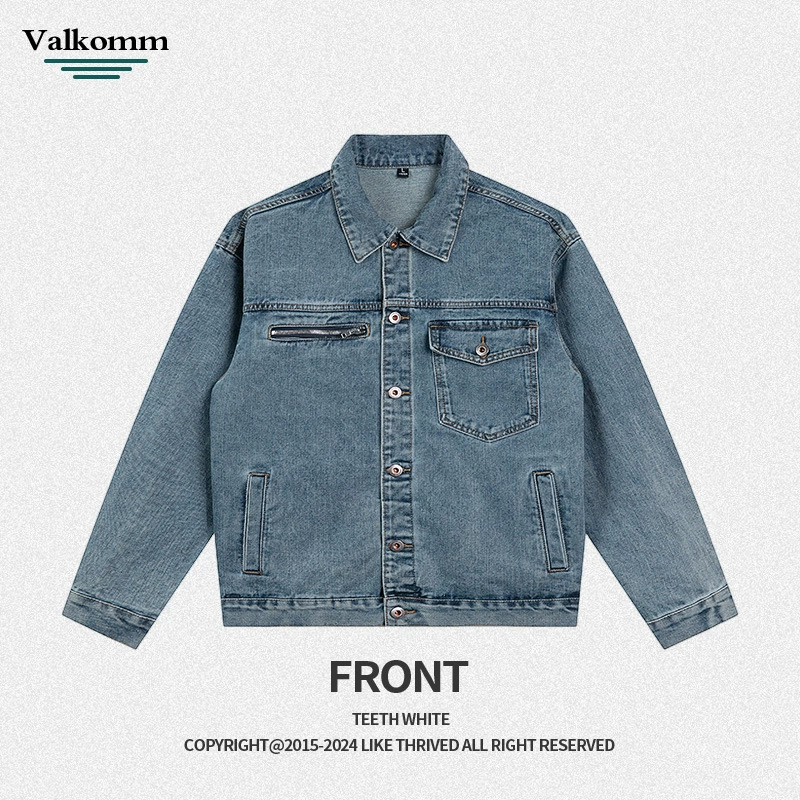 厂家直销男士宽松水洗牛仔外套，复古风格，春秋休闲，多口袋设计