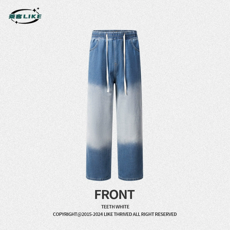 厂家直销男士宽松水洗直筒牛仔裤，春秋休闲风格，免烫处理撞色设计
