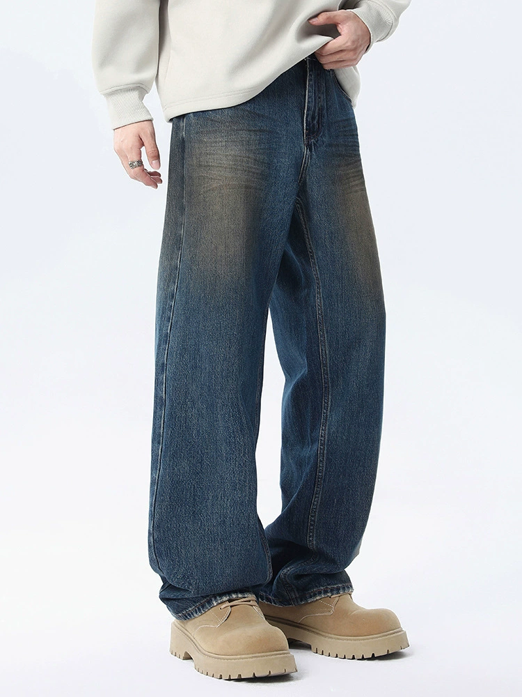 厂家直销男士复古水洗牛仔裤，宽松直筒微阔腿，适合春秋日常穿搭，百搭修身设计