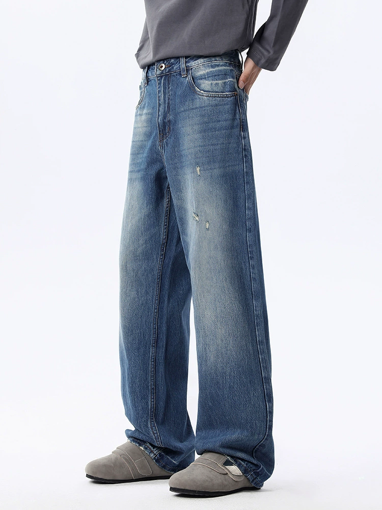 厂家直销男士修身复古蓝色牛仔裤，高街潮流直筒长裤，春秋休闲，水洗磨破设计