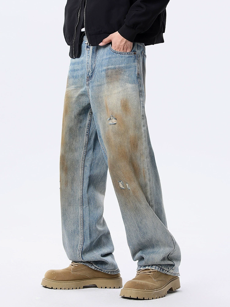 厂家直销男士宽松涂鸦牛仔裤，休闲风格，水洗做旧设计，春秋季可搭配日常穿着