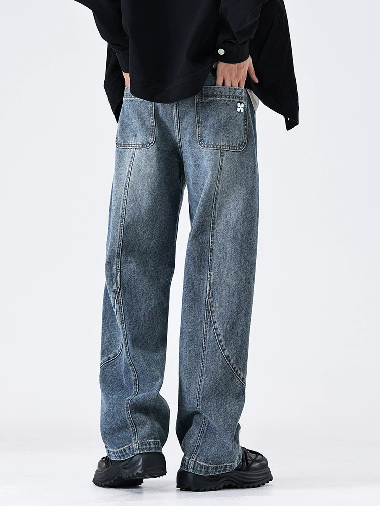 厂家直销男士复古蓝刺绣牛仔裤，修身直筒设计，春秋季休闲风格，耐磨水洗面料