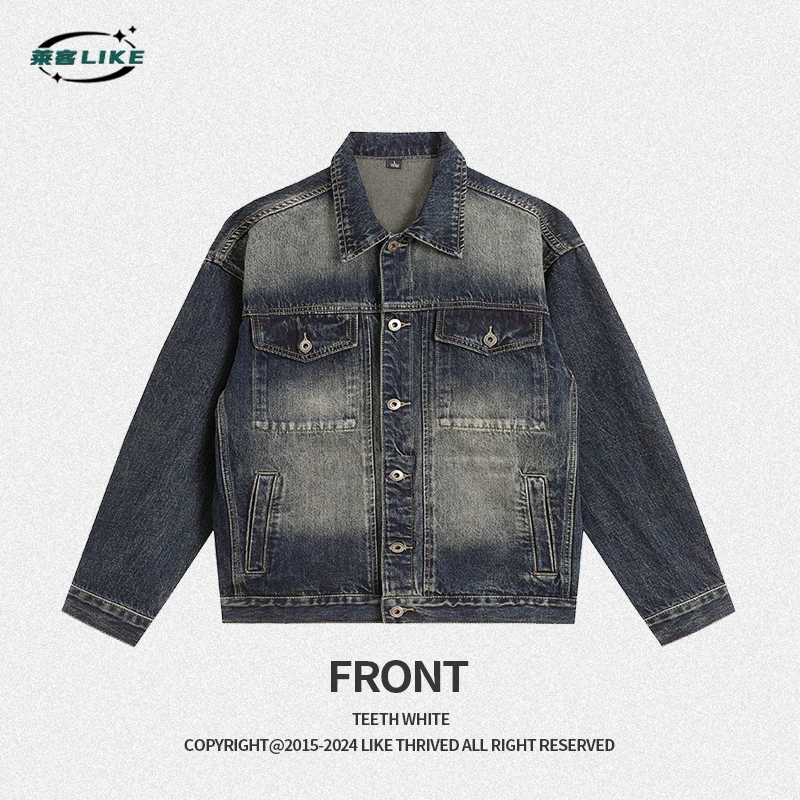 厂家直销男士宽松牛仔外套，春秋休闲美式风格，多口袋设计，街潮牛仔夹克
