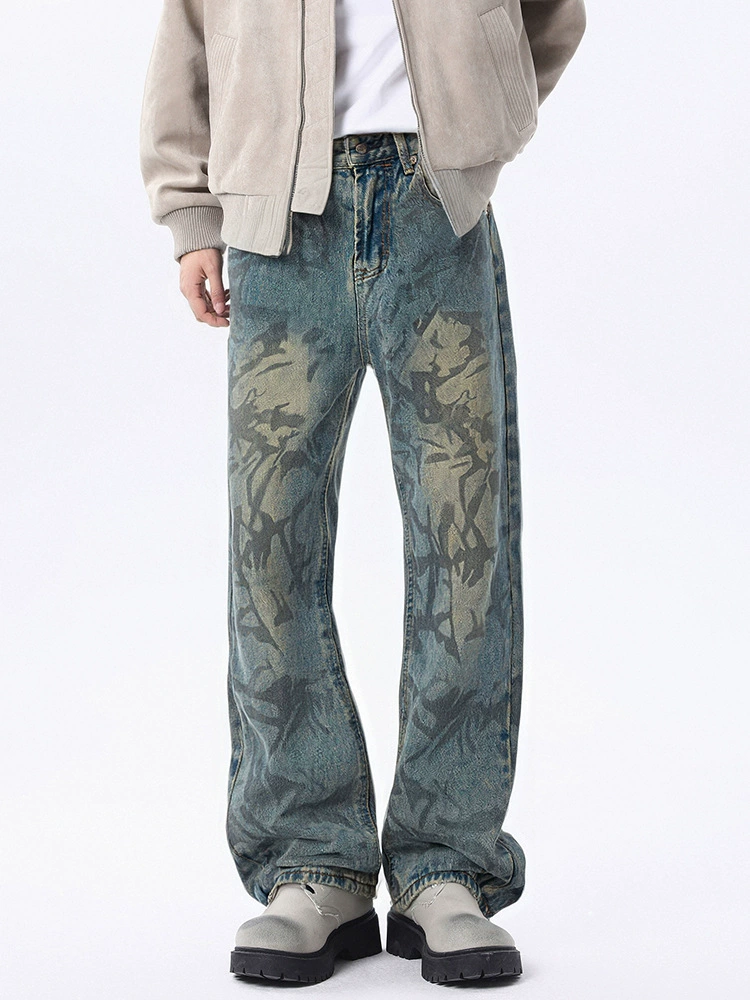 厂家直销男士宽松涂鸦水洗牛仔裤，秋季高街风格直筒长裤，休闲必备，时尚复古款