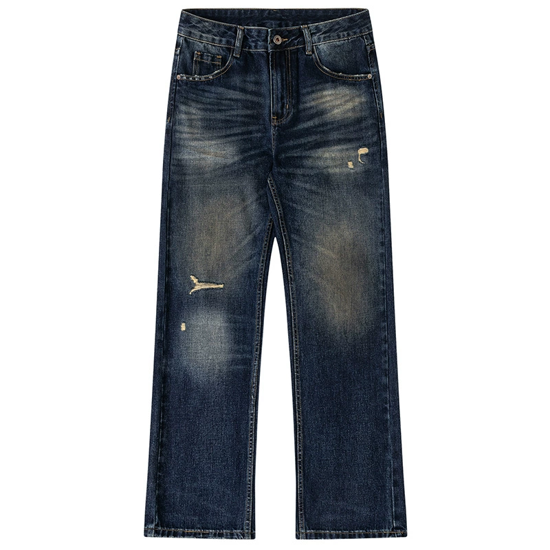 厂家直销男士宽松破洞牛仔裤，复古渐变大直筒设计，秋季休闲风格，多口袋水洗工艺