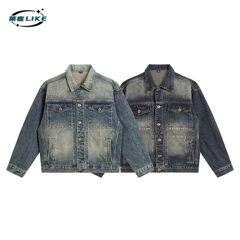 厂家直销男士宽松牛仔外套，春秋休闲美式风格，多口袋设计，街潮牛仔夹克