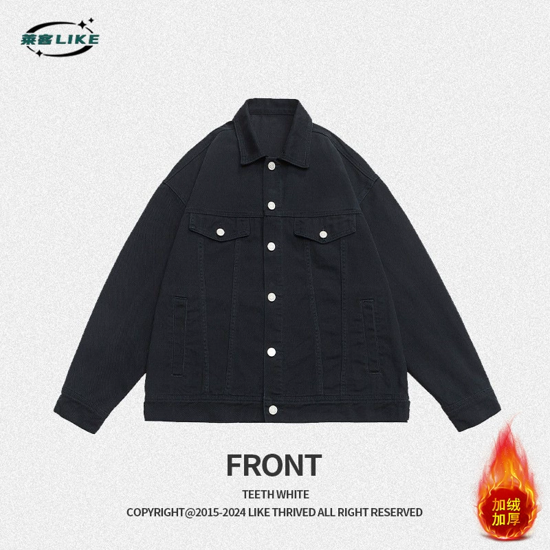 厂家直销男士宽松加绒牛仔外套，四季休闲风，美式复古染色夹克