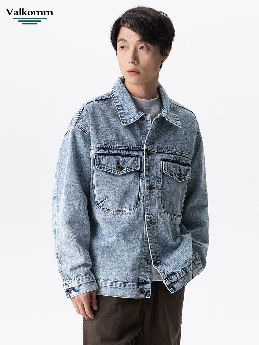 厂家直销男士宽松牛仔外套，美式复古水洗设计，休闲风格，多口袋耐磨夹克，春秋季节优选