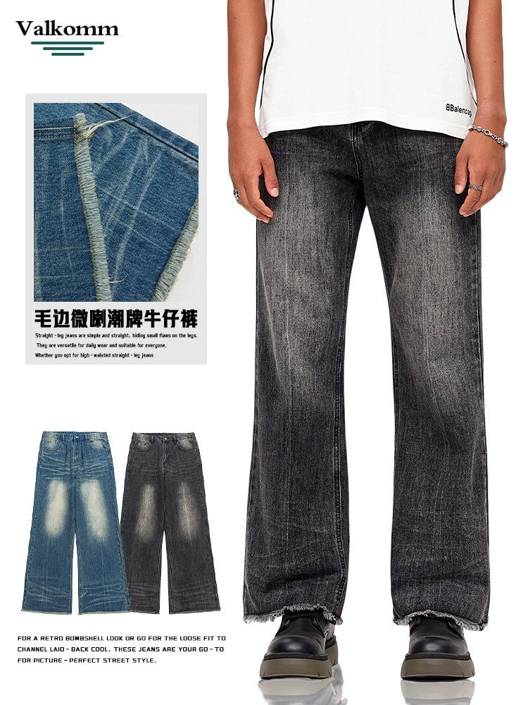 厂家直销男士宽松手绘渐变牛仔裤，春秋休闲风格，直筒型多口袋设计