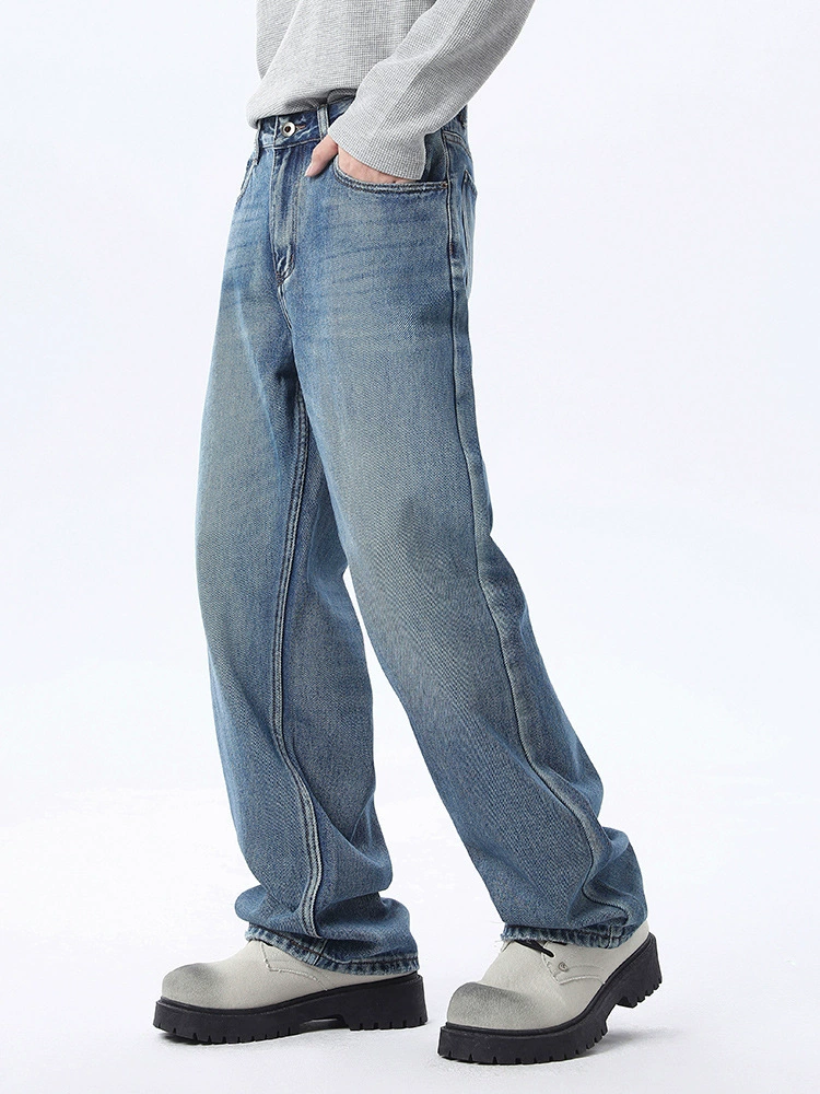 厂家直销男士复古做旧水洗牛仔裤，宽松直筒设计，春秋季日常休闲，高街时尚风格