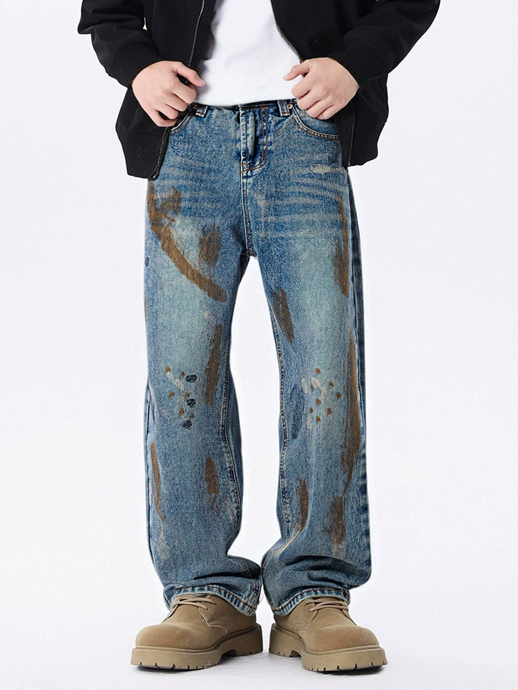 厂家直销男士宽松手绘渐变牛仔裤，春秋休闲风格，直筒型多口袋设计