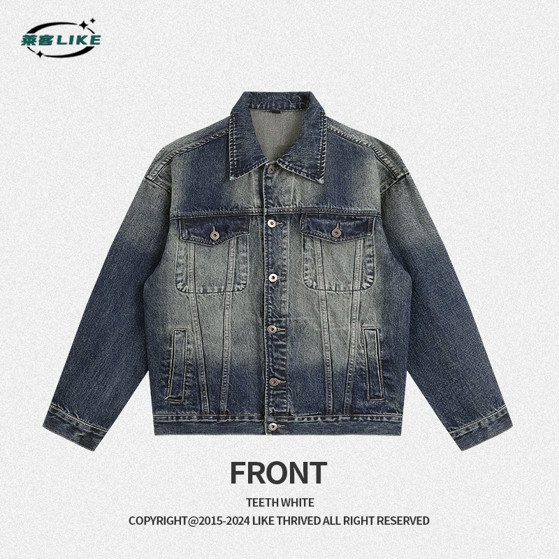 厂家直销男士宽松渐变牛仔外套，复古休闲风格，多口袋设计，春秋季必备，舒适棉质面料