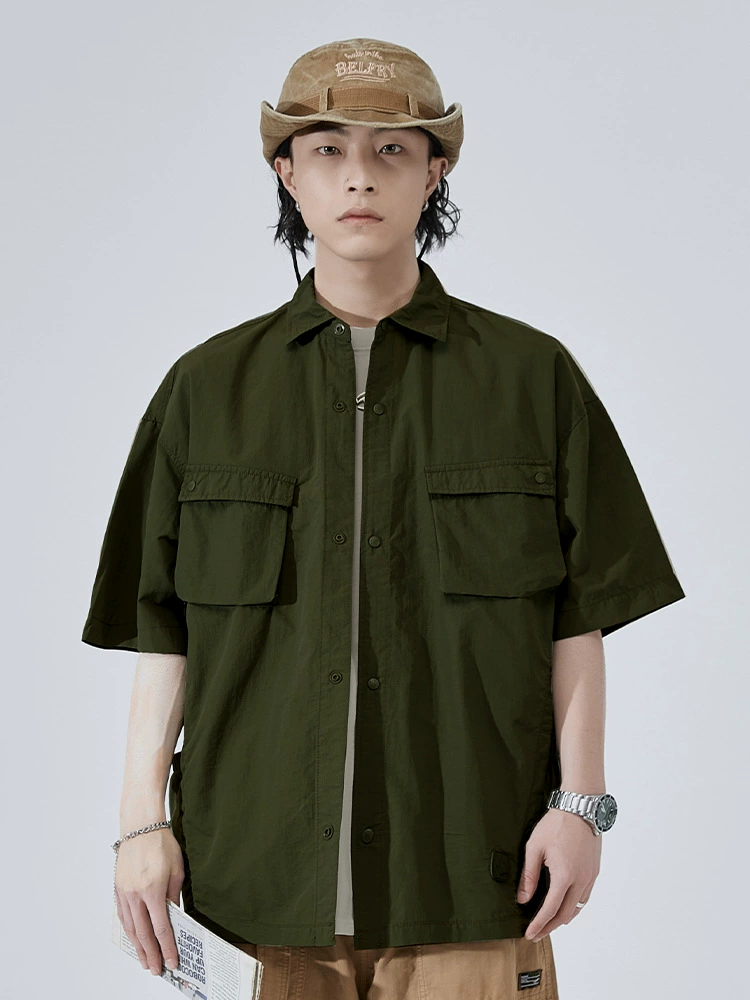 厂家直销青年宽松型短袖开衫衬衣，夏季旅游必备，精梳棉防皱耐磨，日式复古风格