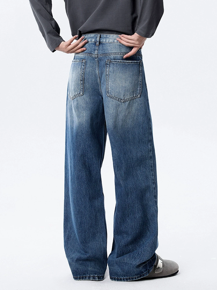 厂家直销男士修身复古蓝色牛仔裤，高街潮流直筒长裤，春秋休闲，水洗磨破设计
