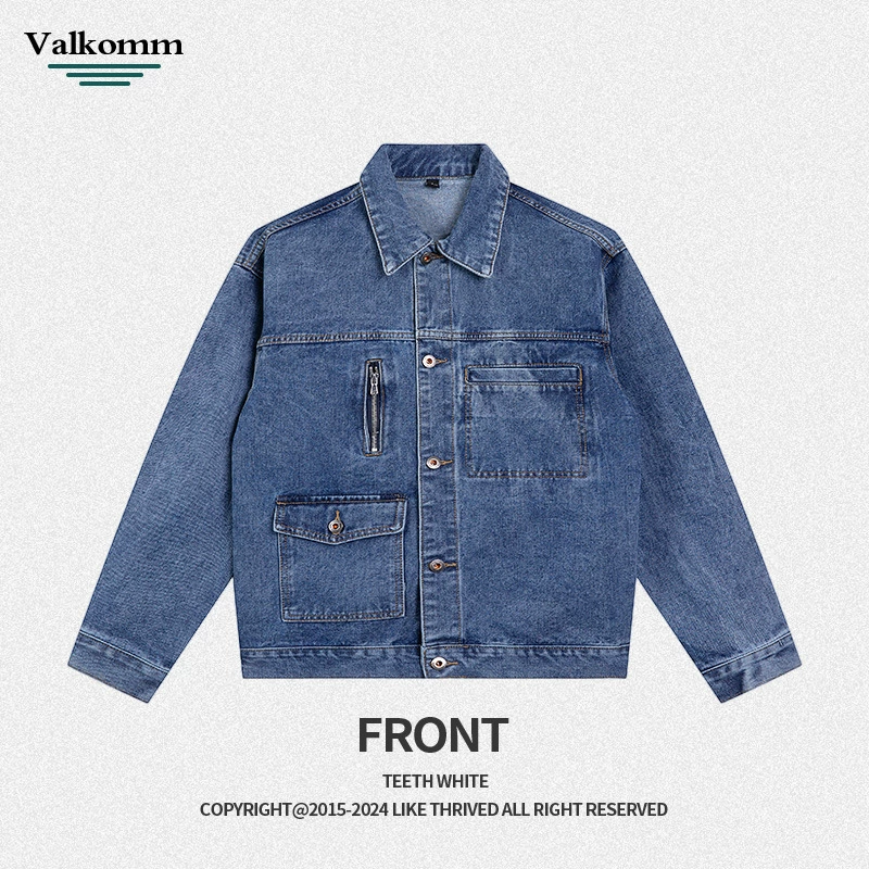 厂家直销男士宽松蓝色牛仔外套，复古潮牌设计，春秋休闲风格，多口袋免烫处理