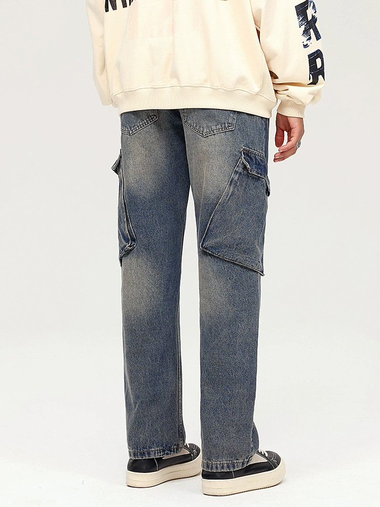 Men's Vintage Loose Fit Stone Washed Denim Jeans with Multi Pocket Design for Spring and Autumn Casual Style