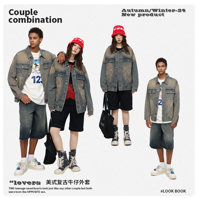 厂家直销男士高街风潮牌做旧牛仔外套宽松夹克，春秋季日常休闲，耐磨面料多口袋设计