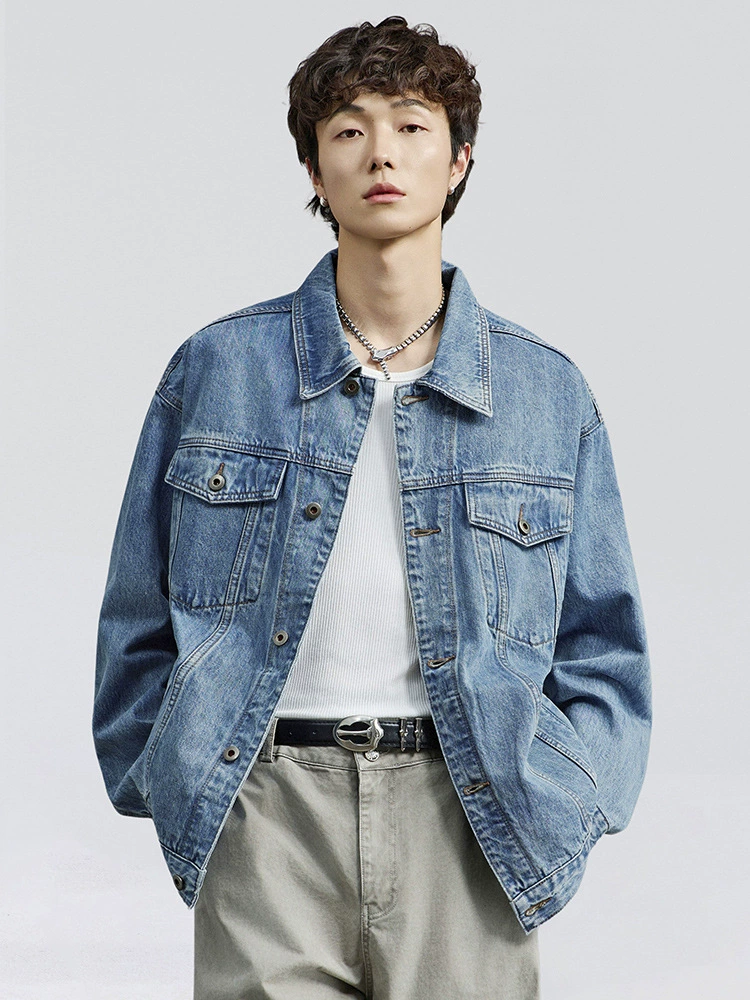 厂家直销男士宽松透气水洗牛仔外套，秋季休闲复古风格，免烫处理多口袋设计