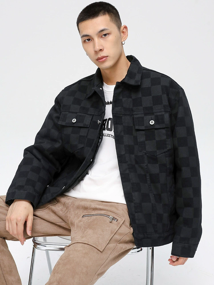 厂家直销男士宽松格子牛仔外套，休闲风格，免烫处理，耐磨防风