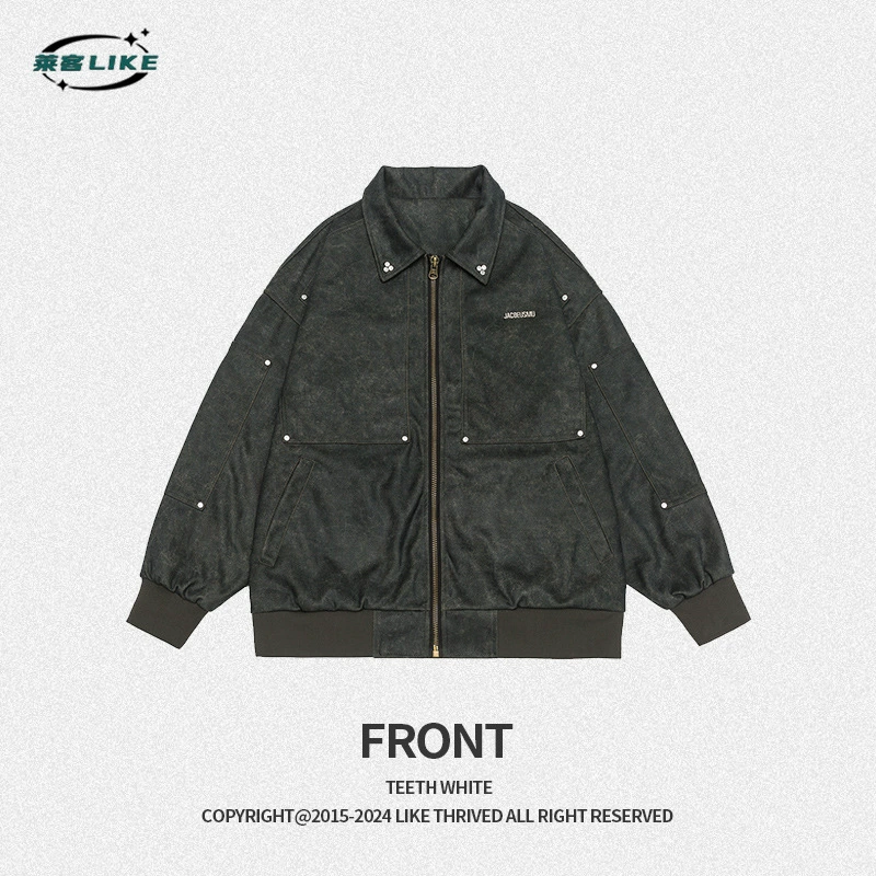 厂家直销青年男士复古铆钉长袖牛仔外套，宽松版型，春秋休闲多口袋设计