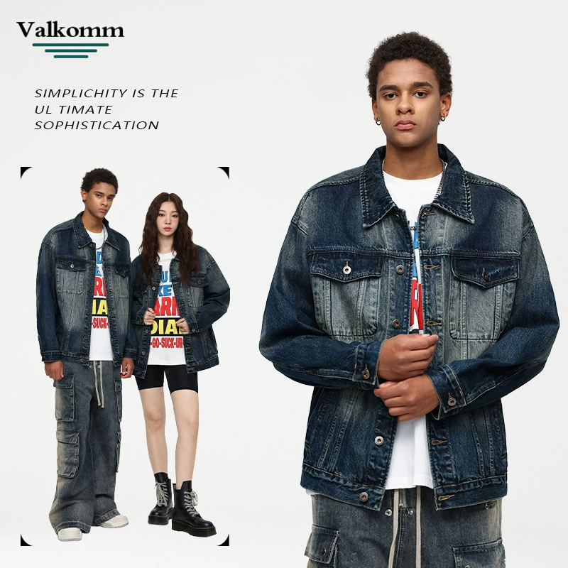 厂家直销男士宽松渐变牛仔外套，复古休闲风格，多口袋设计，春秋季必备，舒适棉质面料