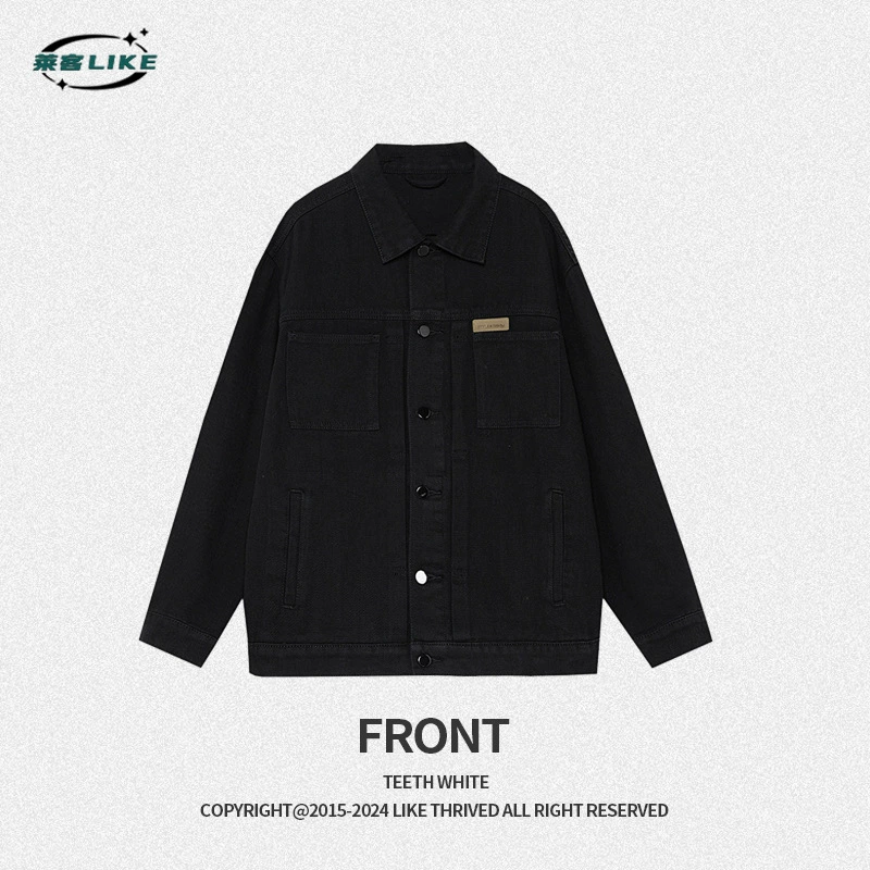厂家直销男士复古黑色牛仔外套，宽松简约设计，适合春秋季日常穿着，耐磨面料，免烫处理